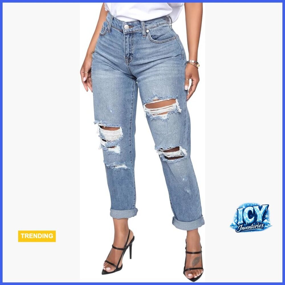 Boyfriend Jeans Stretchy Ripped Distressed Denim Mom Jean Pants